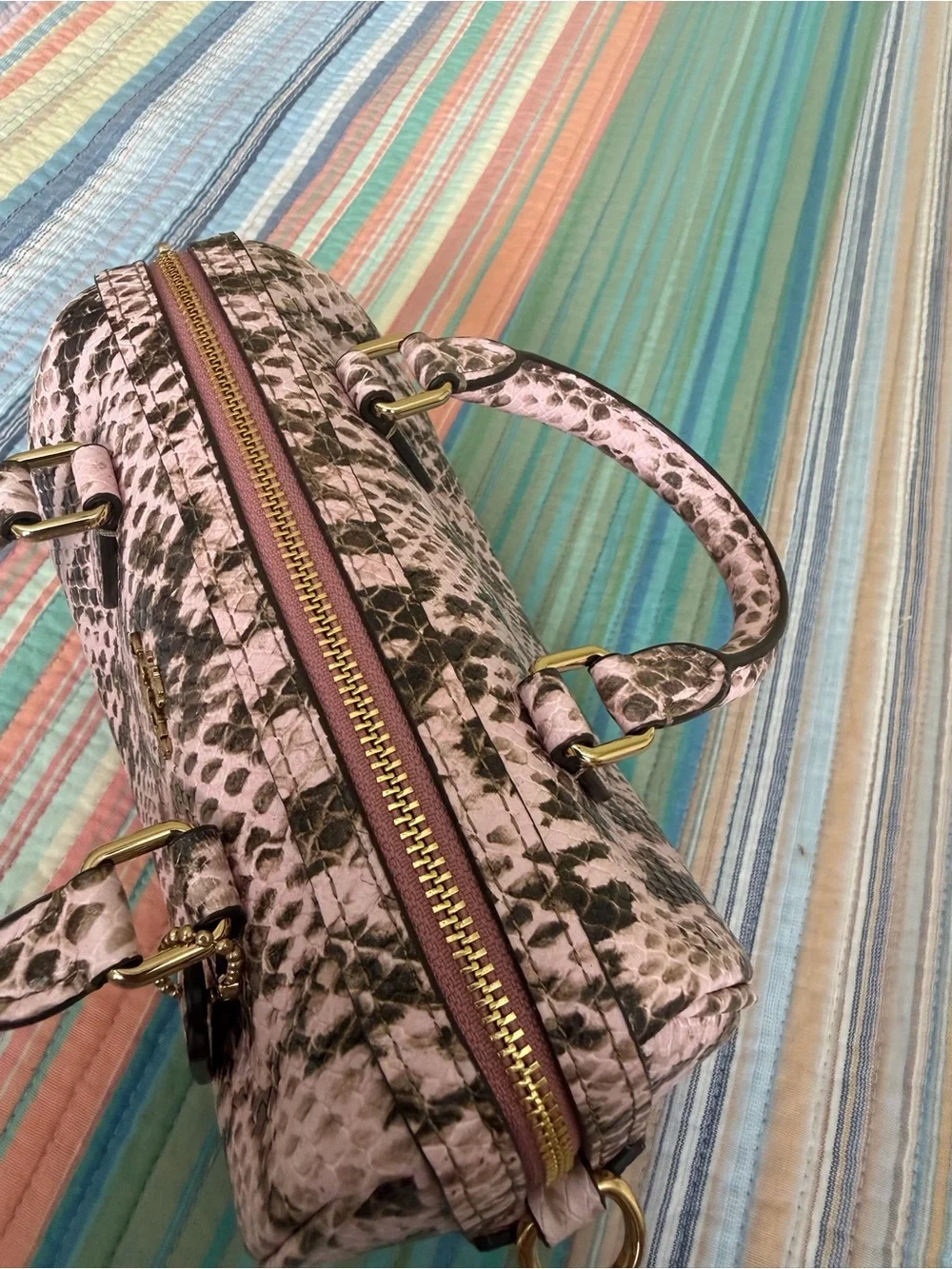Coach Pink Snakeskin-Print Mini Rowan Satchel with Gold Hardware